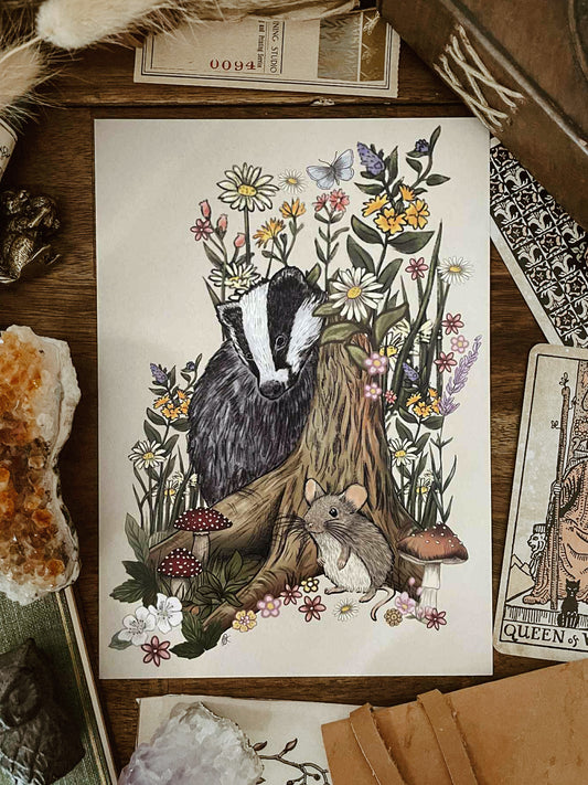 Moonlight Forest Badger and Mouse Print