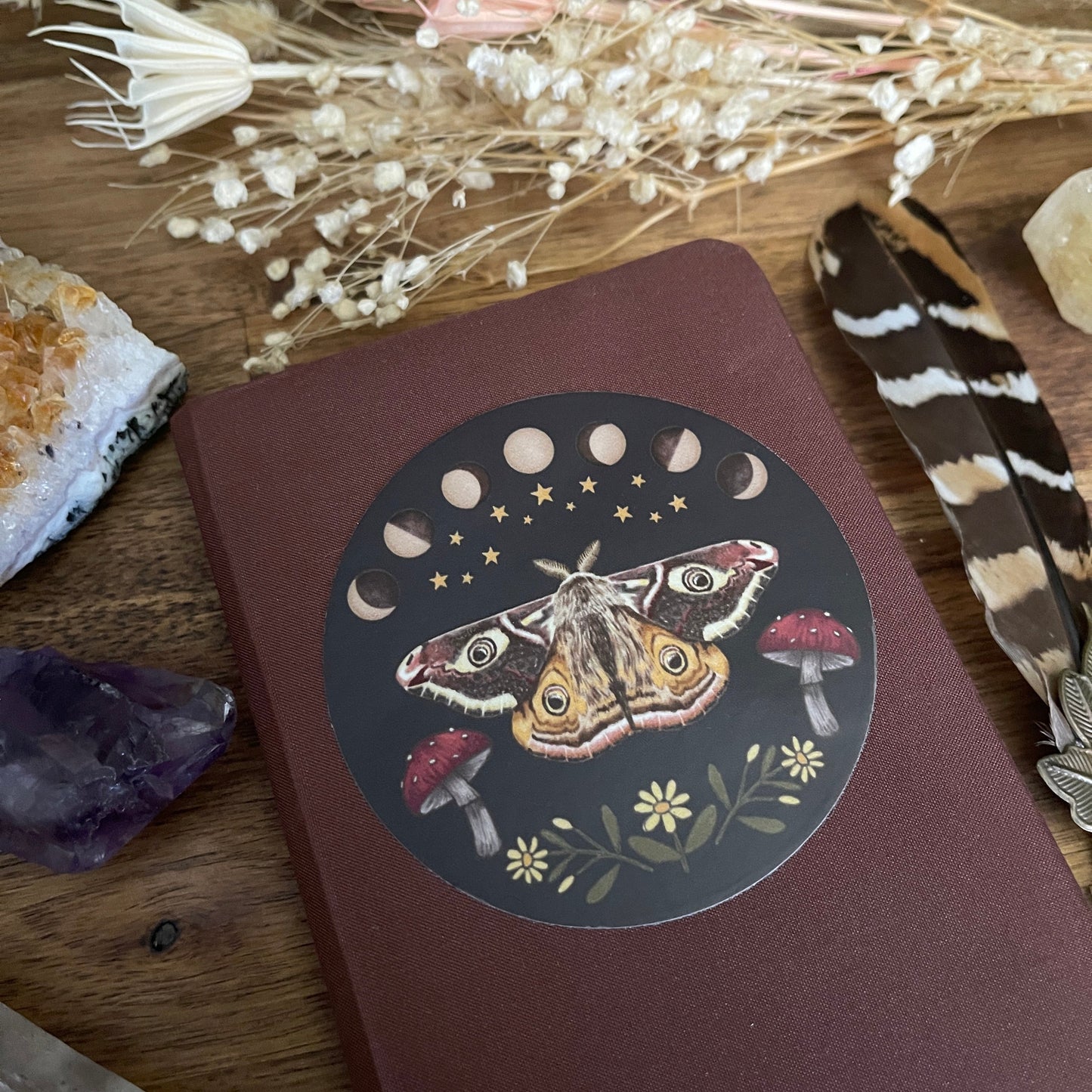 Moth and Moon Phases Round Sticker