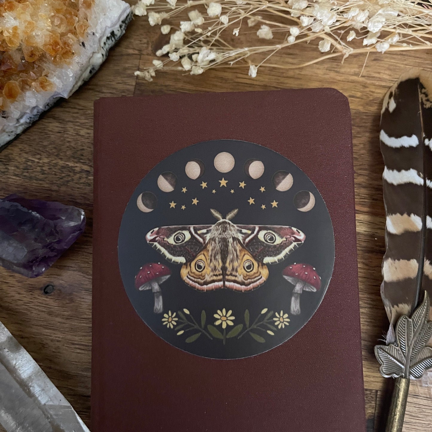 Moth and Moon Phases Round Sticker
