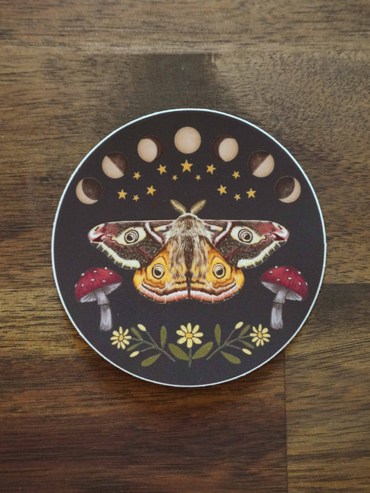 Moth and Moon Phases Round Sticker