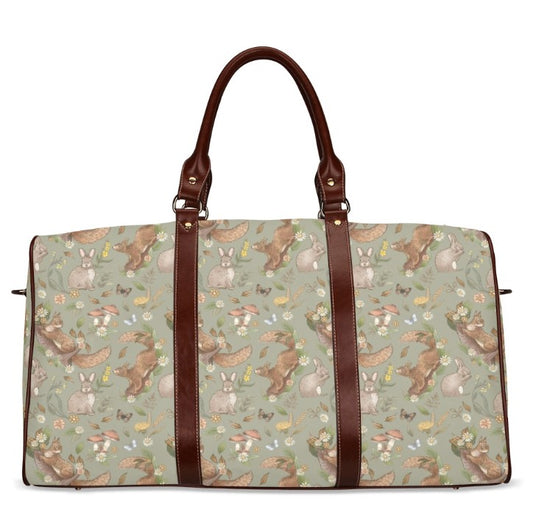 Rabbits and Squirrels - Light Green Background - Waterproof Travel Bag