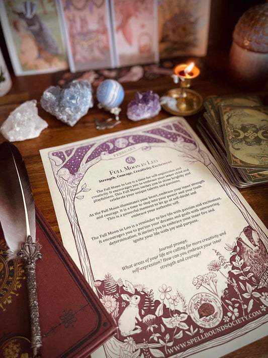 Witch printable for moon phases in witchcraft. Free Grimoire pages from Spellbound Society Witchcraft Subscription Box