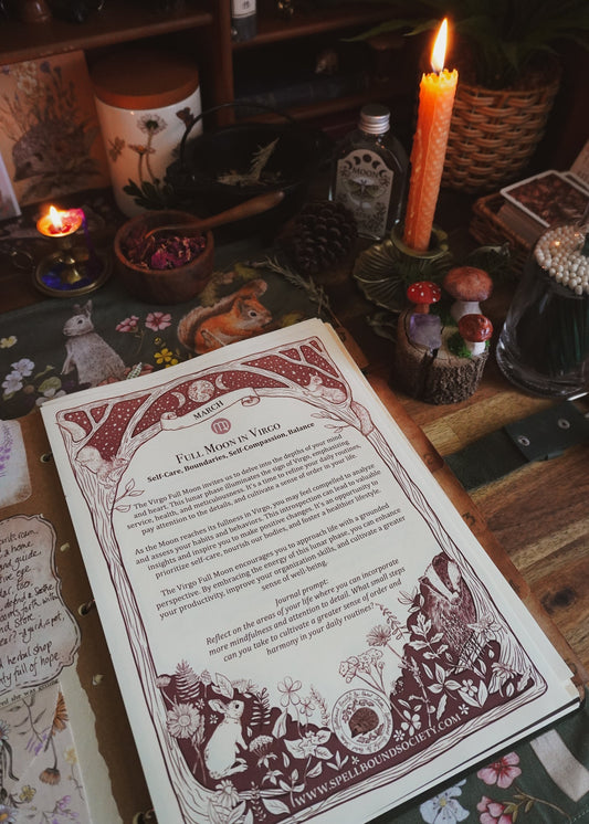 March 2025 Moon Phases and Free Grimoire pages from Spellbound Society Witchcraft Subscription Box