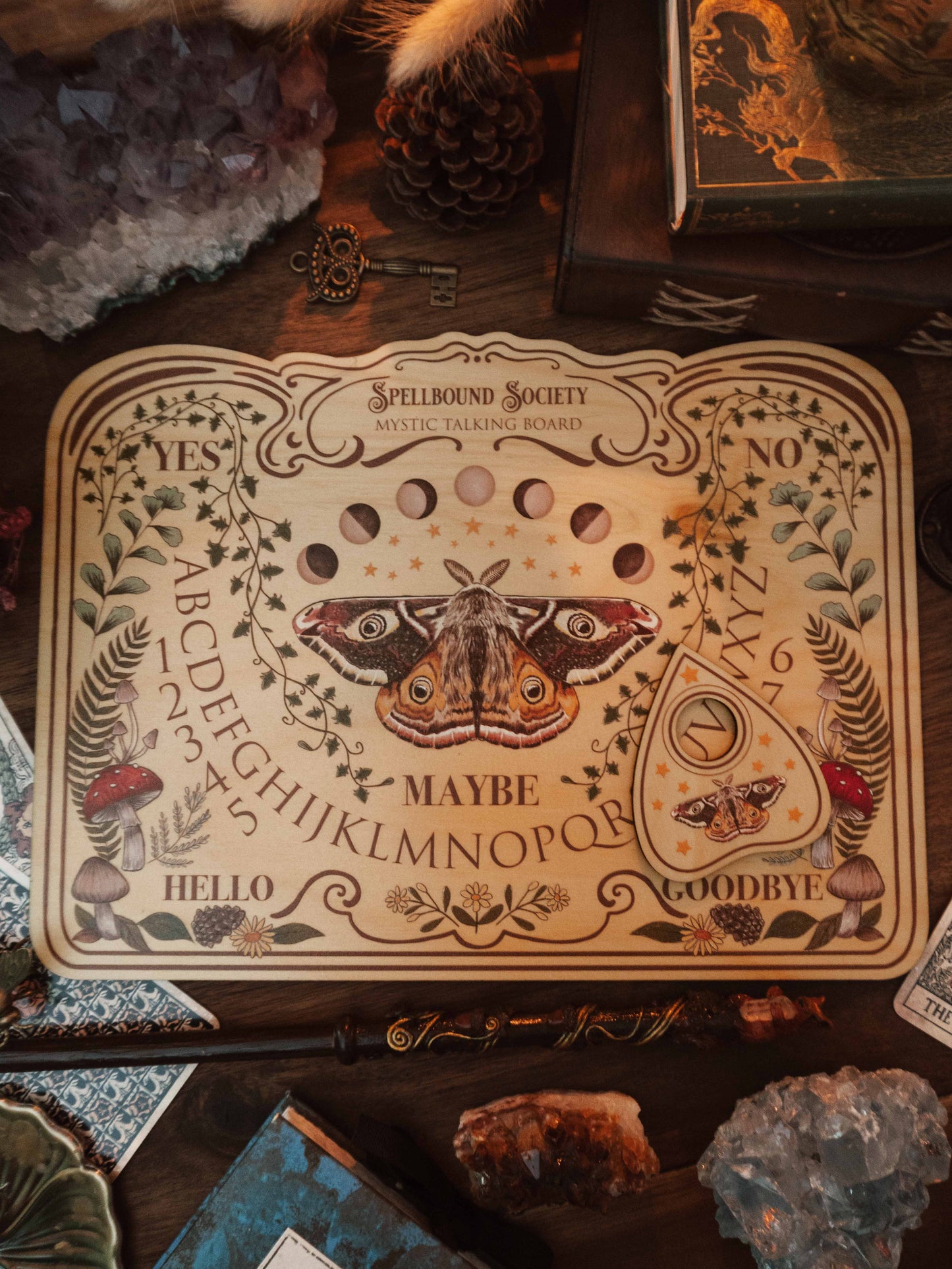 Moth and Mushroom Spirit Board - Light Wood