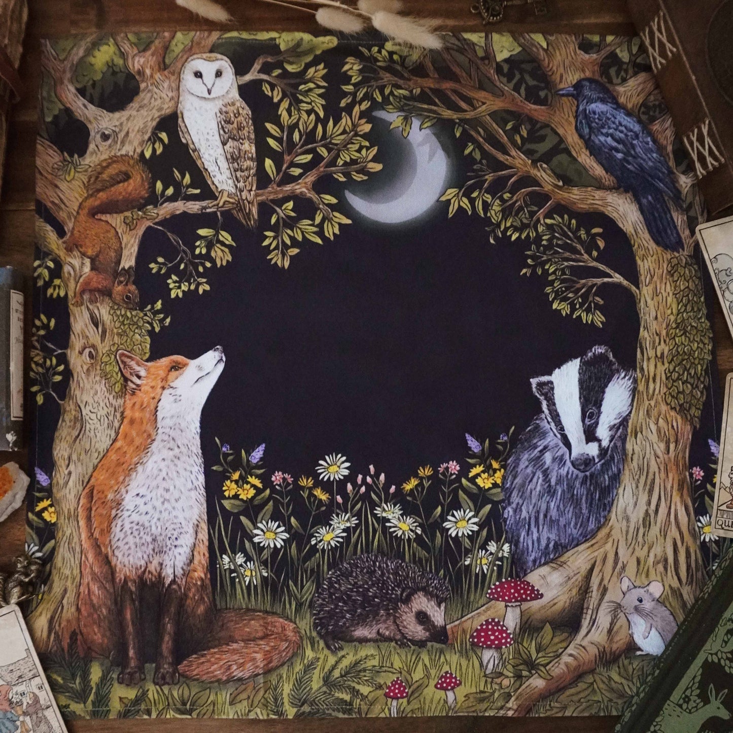 Moonlight Forest Animals Dark Blue divination reading cloth / altar cloth
