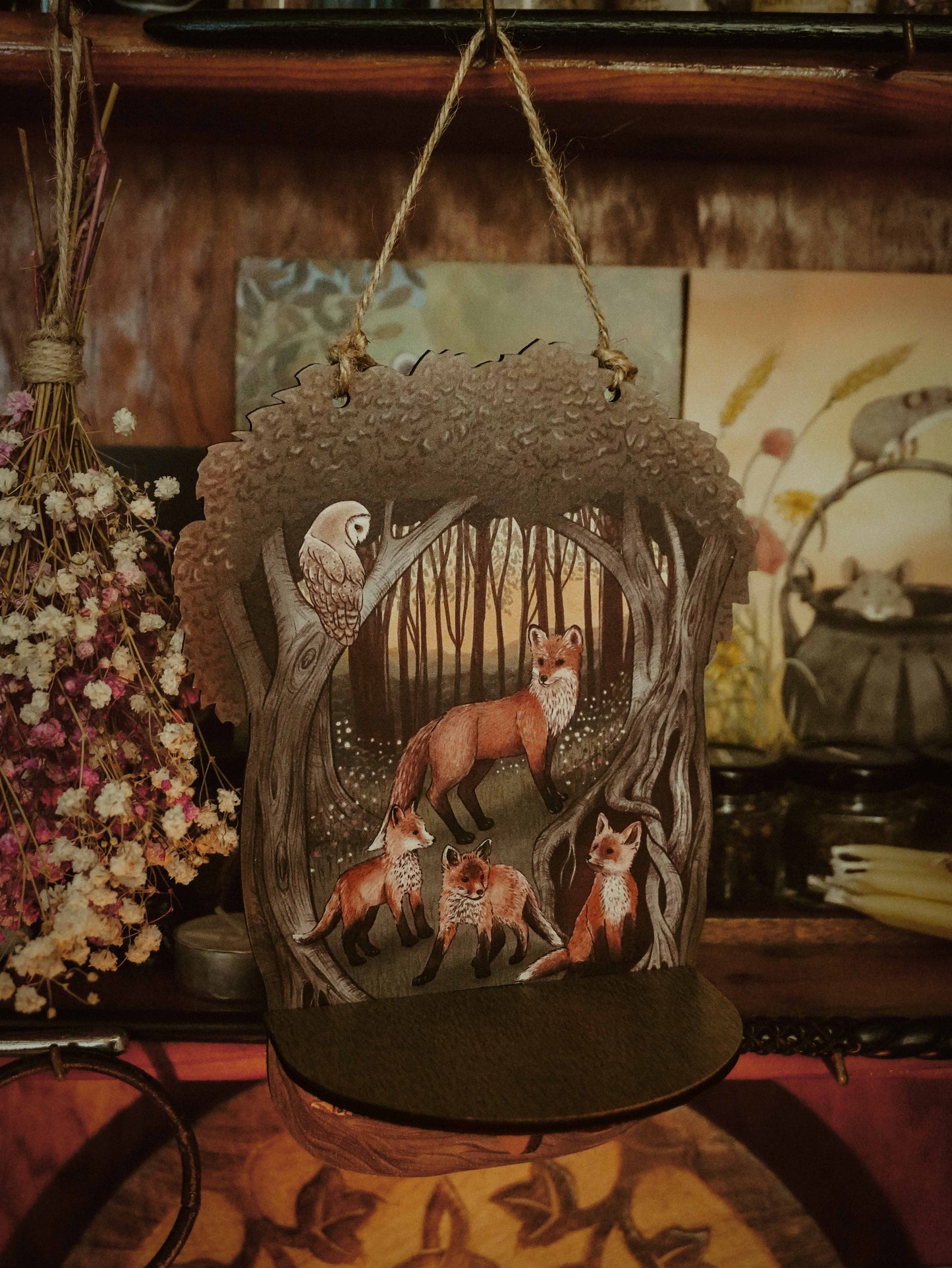 Fox and Owl Wooden Shelf Wall Hanging