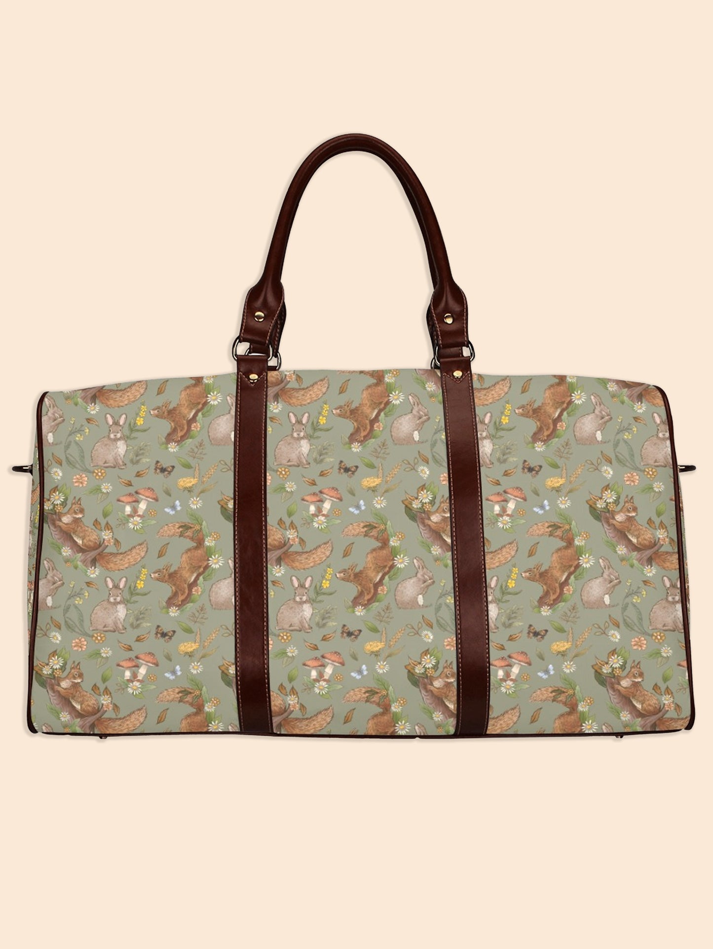 Rabbits and Squirrels - Light Green Background - Waterproof Travel Bag