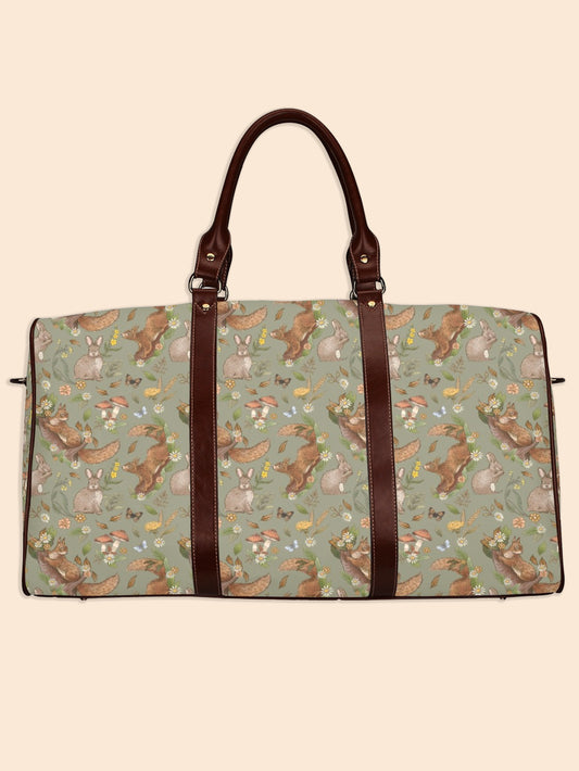 Rabbits and Squirrels - Light Green Background - Waterproof Travel Bag