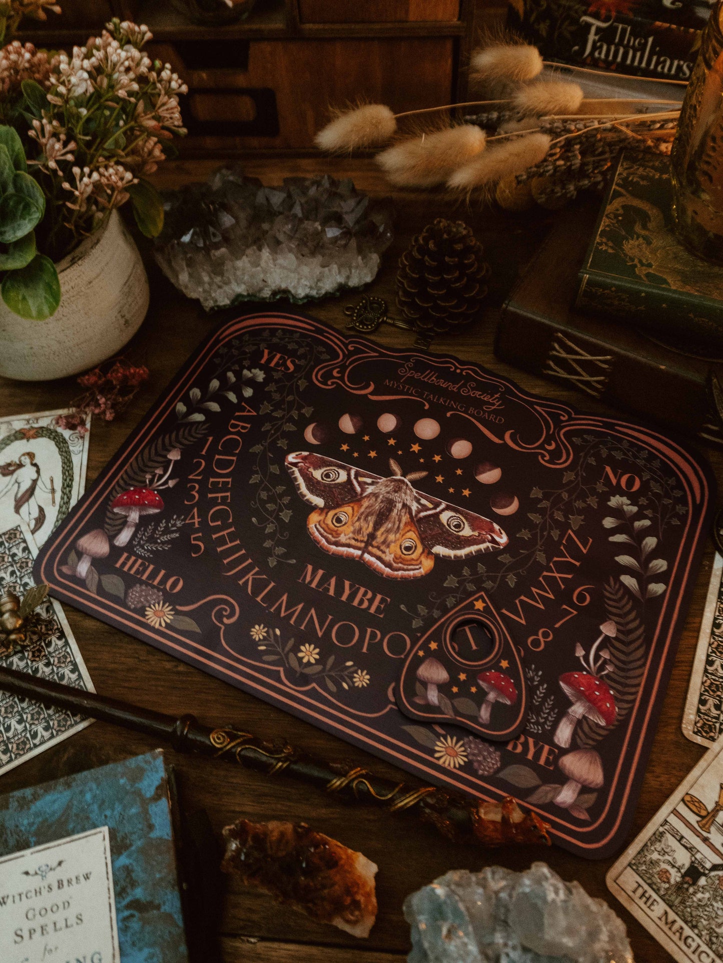 Moth and Mushroom Spirit Board - Dark Wood