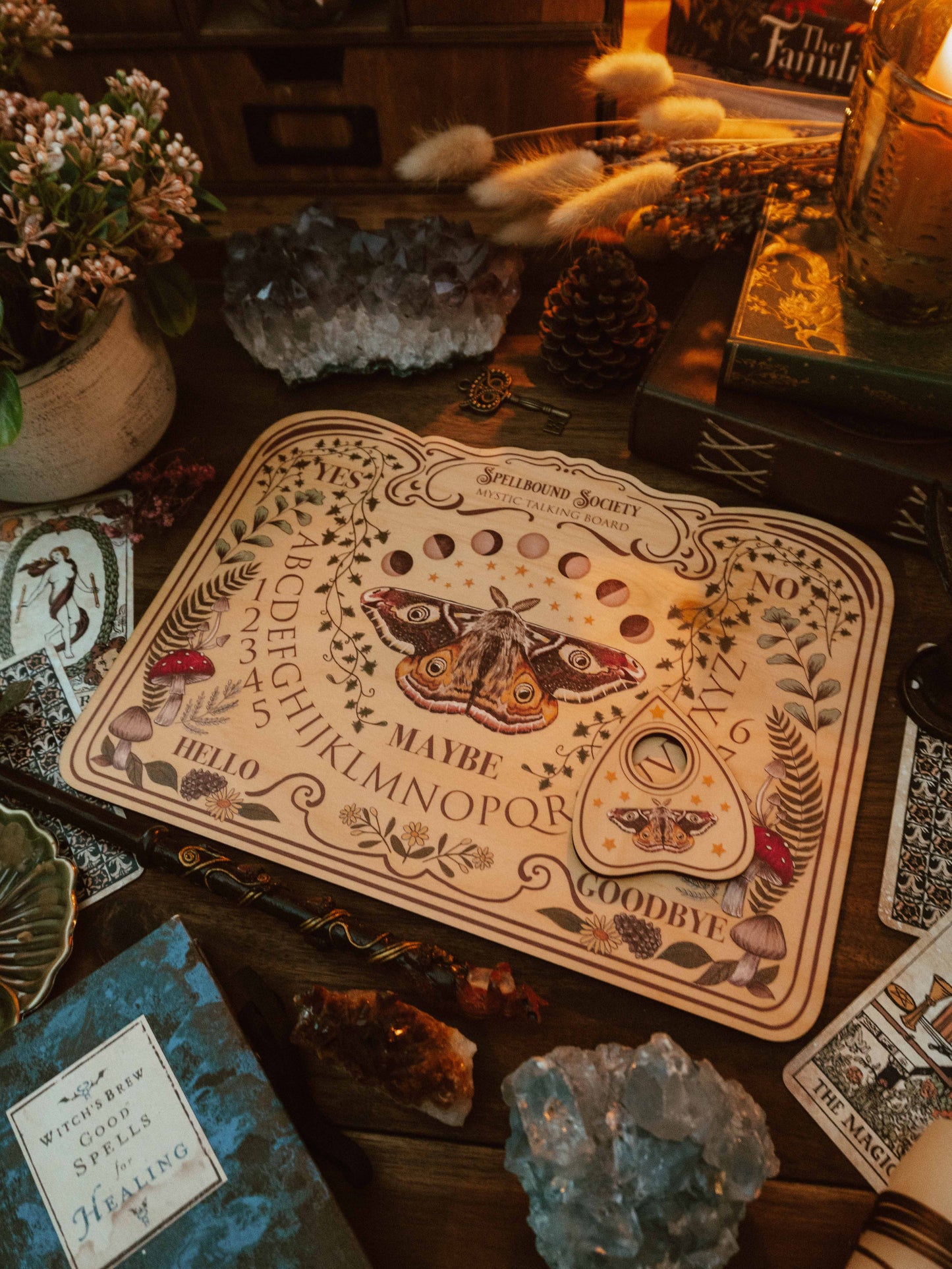 Moth and Mushroom Spirit Board - Light Wood