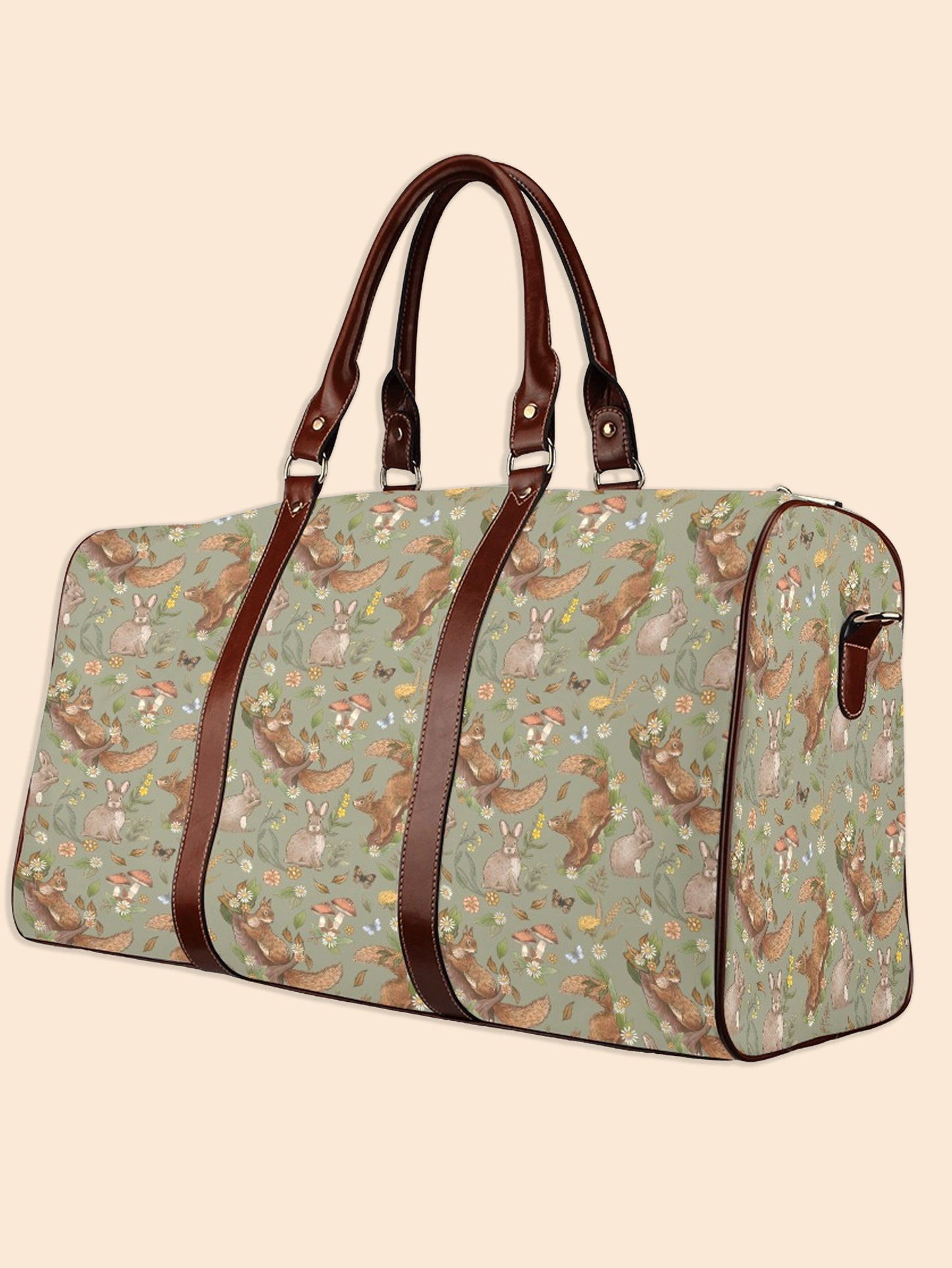 Rabbits and Squirrels - Light Green Background - Waterproof Travel Bag