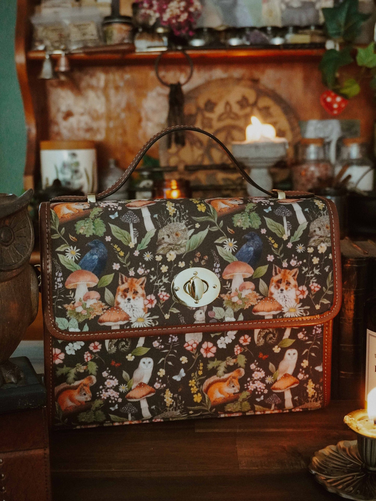 Woodland Animals - Brown background - Satchel Bag