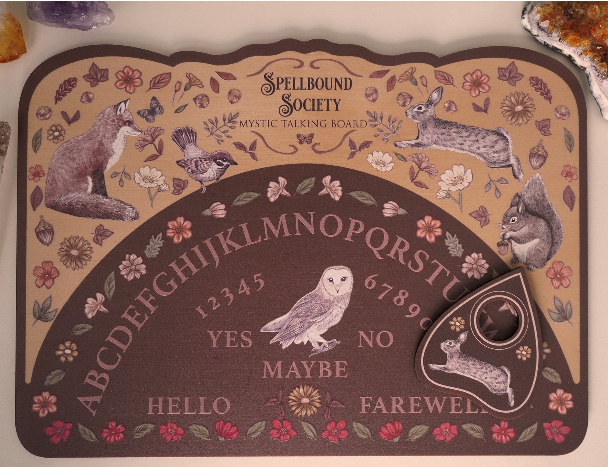Planchette  and Beautiful hand-drawn woodland animal authentic ouija board spirit board for beginners witchcraft