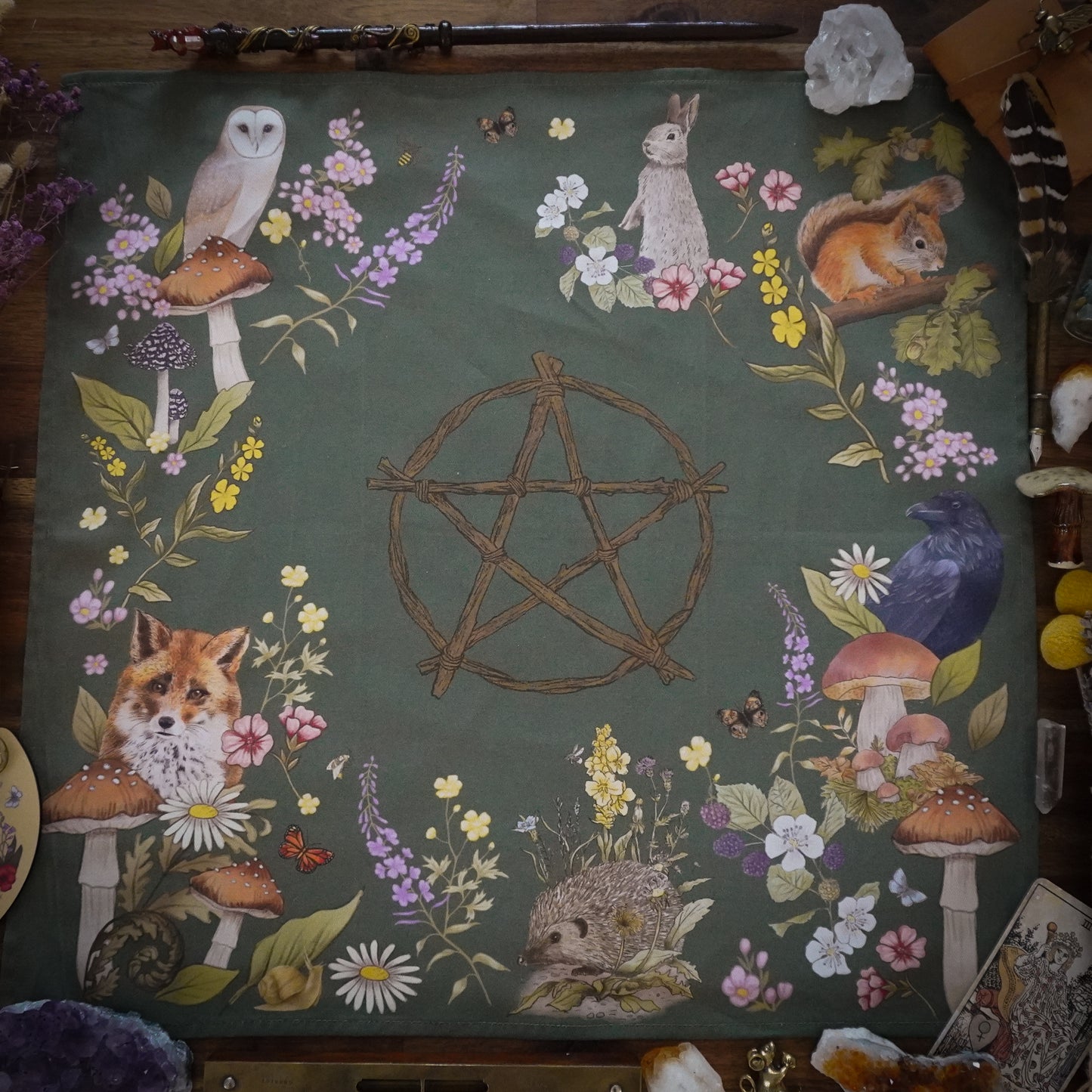 Woodland Animal Green divination reading cloth / altar cloth