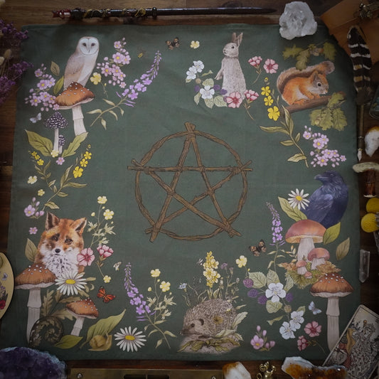 Woodland Animal Green divination reading cloth / altar cloth