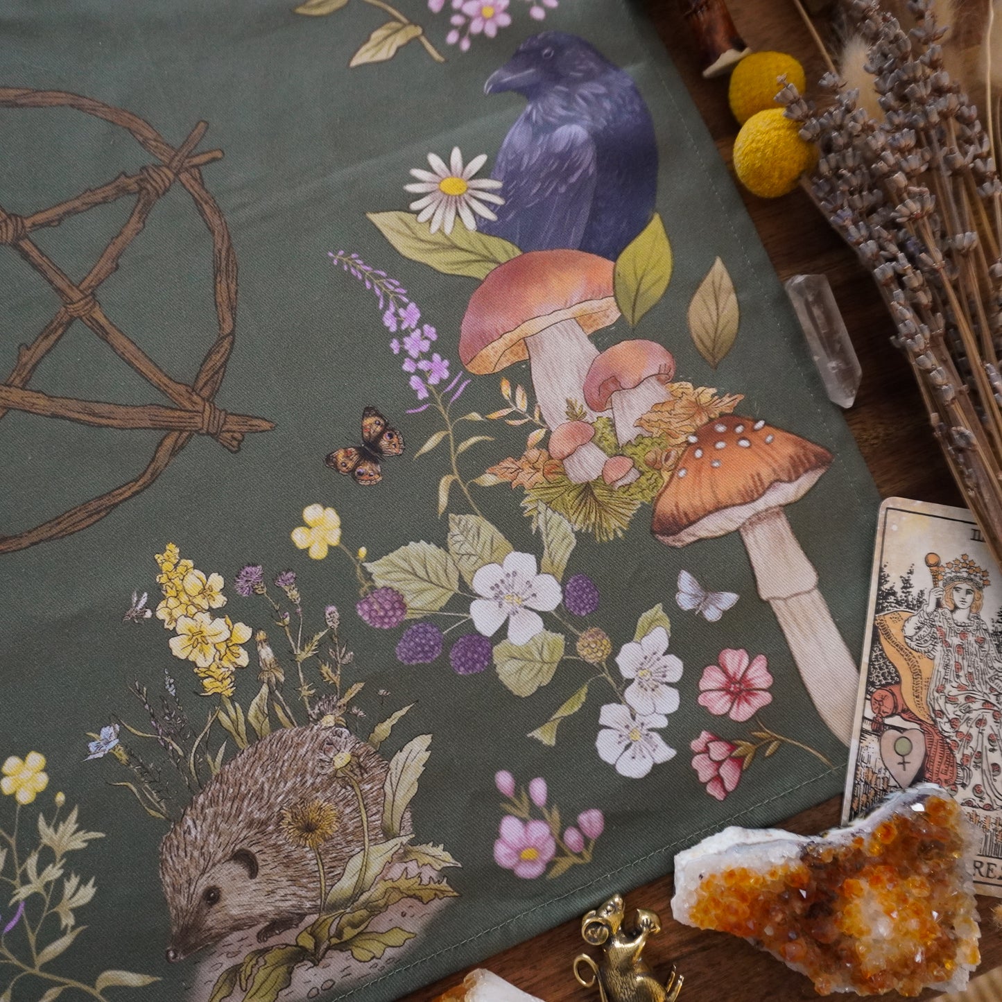 Woodland Animal Green divination reading cloth / altar cloth