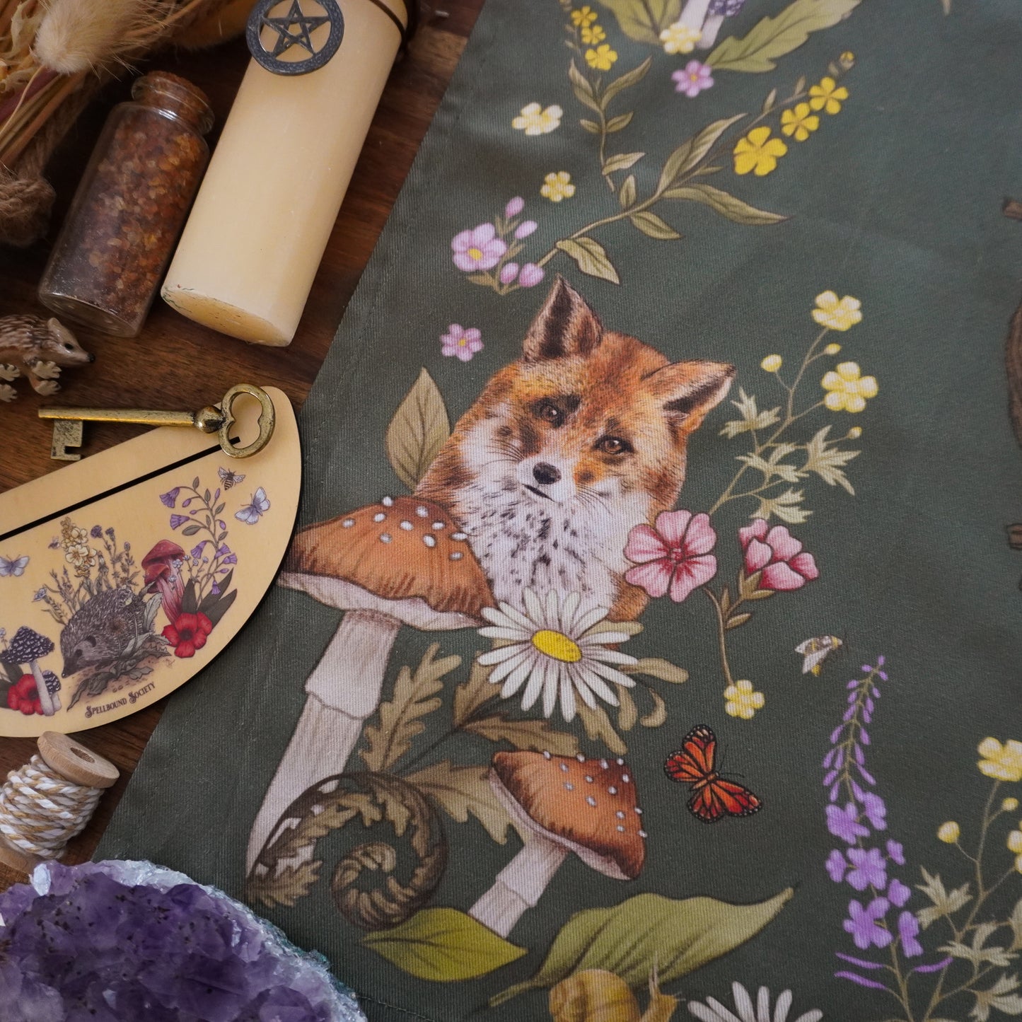 Woodland Animal Green divination reading cloth / altar cloth