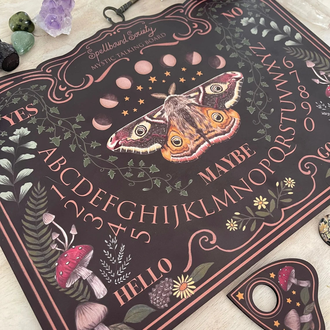 Beautiful hand-drawn dark moth and mushroom ouija board spirit board for witchcraft
