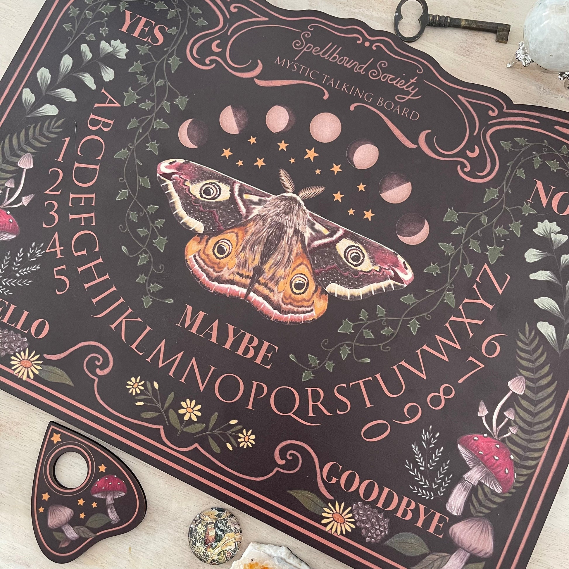 Wooden Beautiful hand-drawn dark moth and mushroom authentic ouija board spirit board for beginners witchcraft