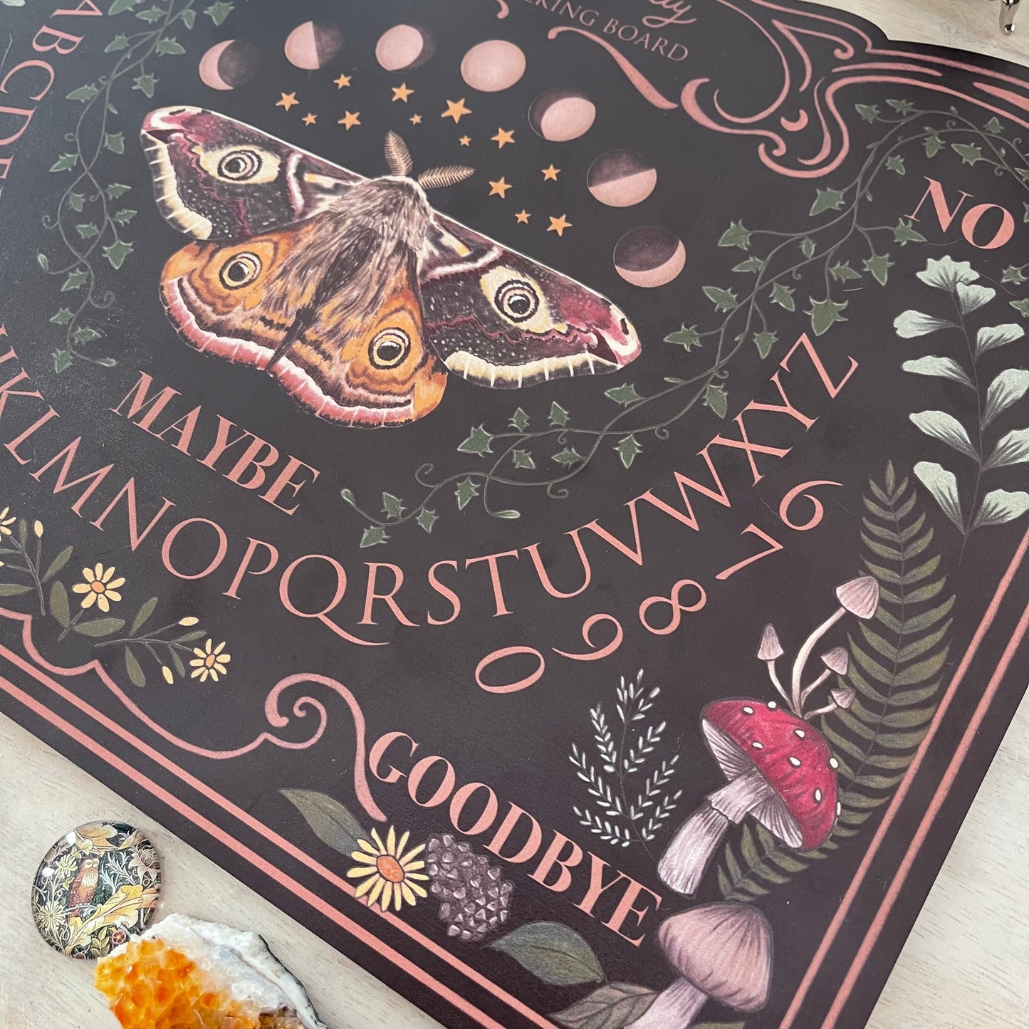 Beginners Witchcraft Beautiful hand-drawn dark moth and mushroom ouija board for sale spirit board for witchcraft