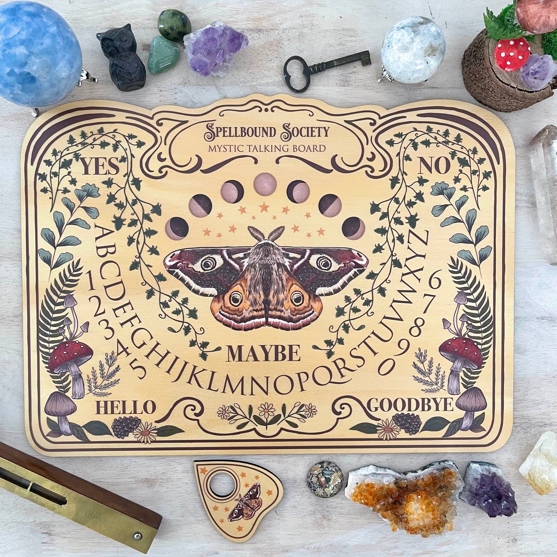 Beautiful large wooden hand-drawn light moth and mushroom authentic ouija board spirit board for witchcraft