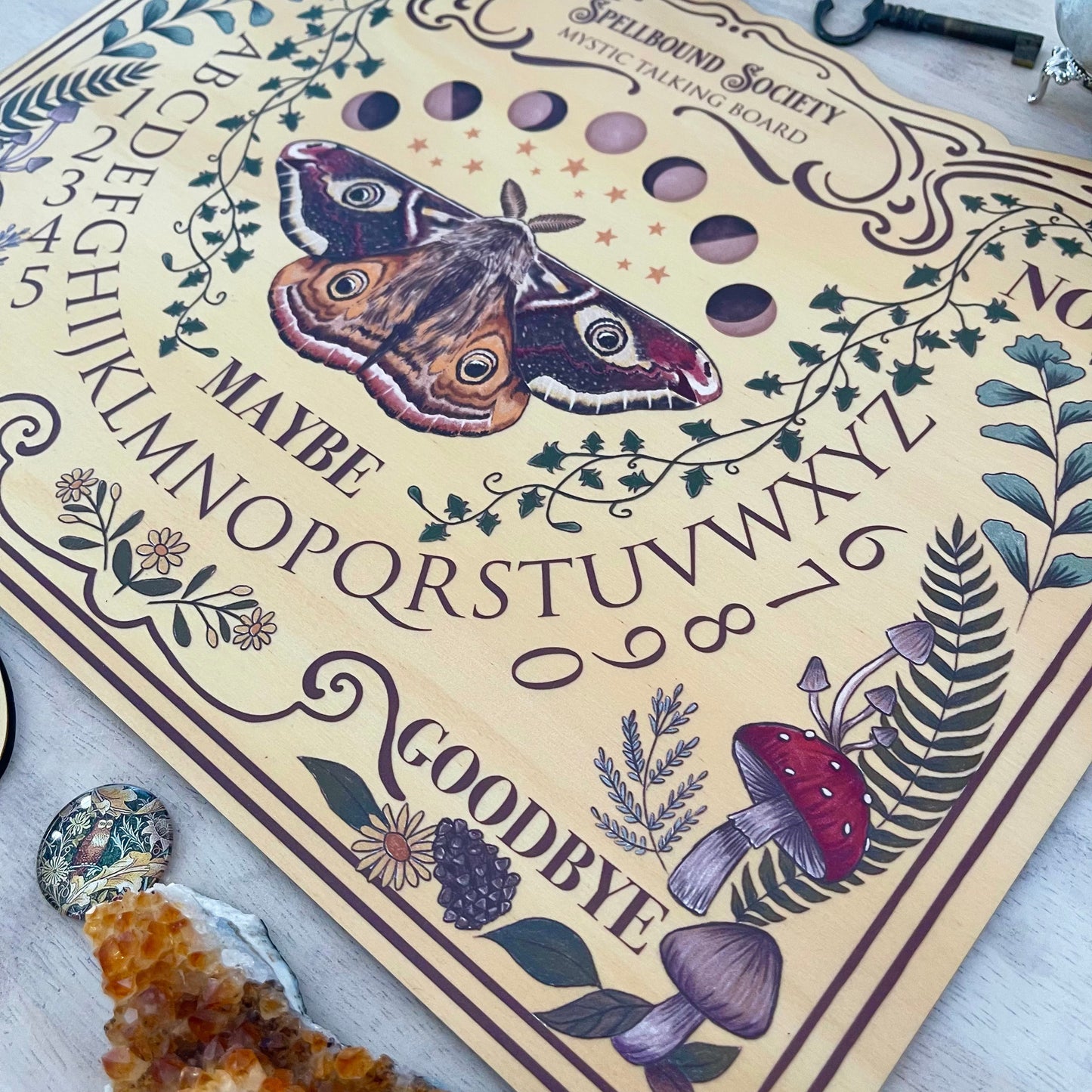Beautiful light wooden hand-drawn moth and mushroom ouija board spirit board for beginners witchcraft